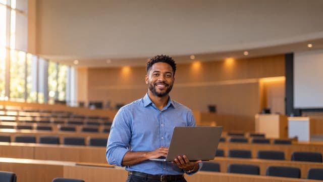 Professor universitário sorrindo, com camisa social azul, segurando um notebook, em um auditório universitário moderno