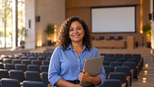Professora universitária sorrindo, com camisa social azul, segurando um notebook, em um auditório universitário moderno