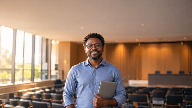 Professor universitário sorrindo, com camisa social azul, segurando um notebook, em um auditório universitário moderno