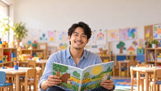Professor de educação infantil sorrindo, com camisa casual azul-clara, segurando um livro infantil colorido sem título, em uma sala de aula infantil alegre, com mesinhas e desenhos nas paredes