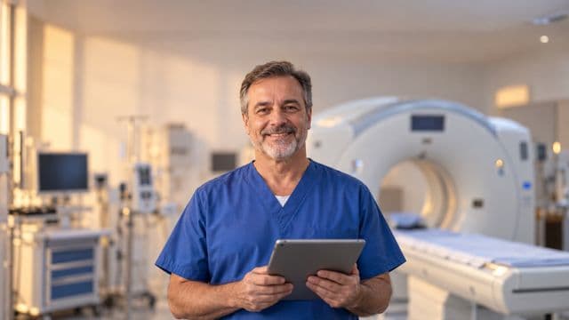 Técnico em radiologia sorrindo, com uniforme hospitalar azul, segurando um tablet, em uma sala de exames de imagem com um tomógrafo