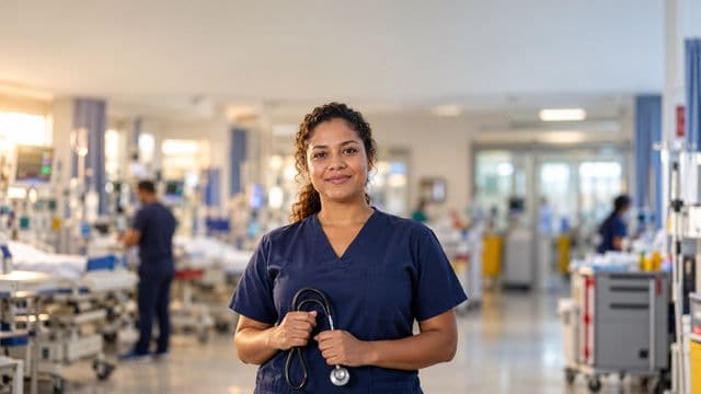 Profissional de emergência sorrindo, com uniforme azul-marinho de equipe de emergência, segurando um estetoscópio, em uma sala de emergência hospitalar moderna