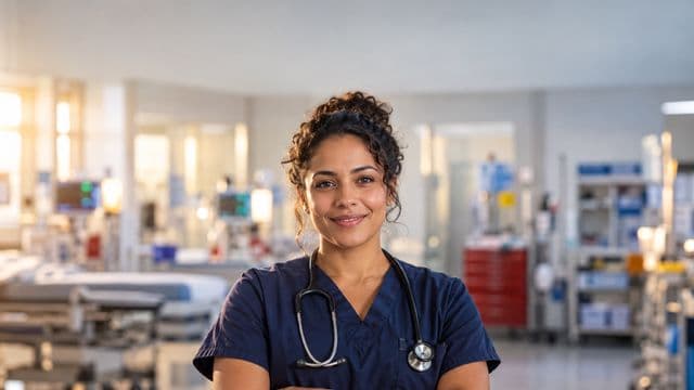 Profissional de emergência sorrindo, com uniforme azul-marinho de equipe de emergência, segurando um estetoscópio, em uma sala de emergência hospitalar moderna