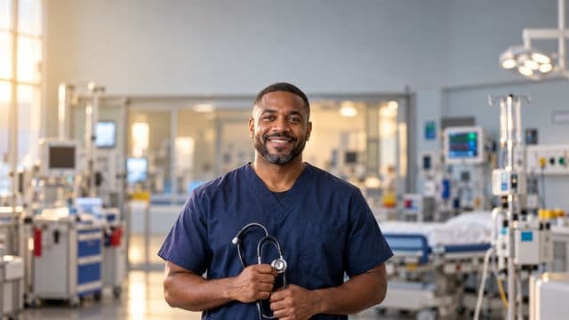 Profissional de emergência sorrindo, com uniforme azul-marinho de equipe de emergência, segurando um estetoscópio, em uma sala de emergência hospitalar moderna