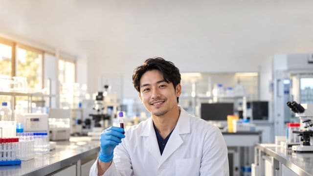 Biomédico sorrindo, com jaleco branco e luvas azuis, segurando um tubo de ensaio, em um laboratório de análises clínicas com microscópios e bancadas