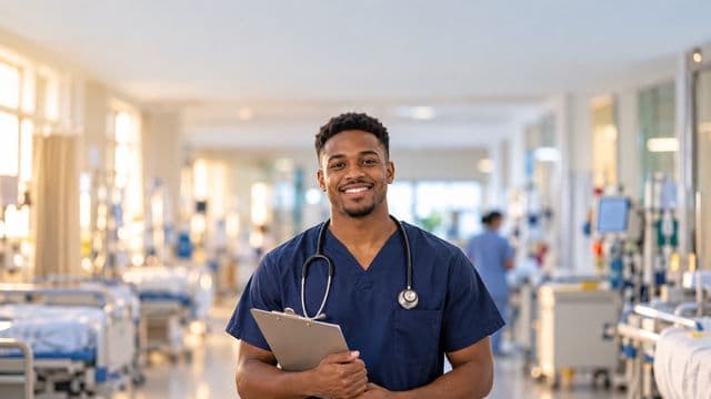 Enfermeiro sorrindo, com uniforme hospitalar azul-marinho e estetoscópio no pescoço, segurando uma prancheta, em o corredor de um hospital moderno e bem iluminado, com leitos e equipamentos