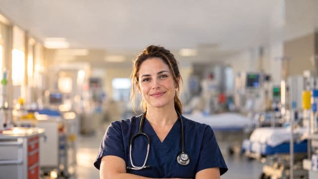 Profissional de emergência sorrindo, com uniforme azul-marinho de equipe de emergência, segurando um estetoscópio, em uma sala de emergência hospitalar moderna
