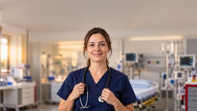 Profissional de emergência sorrindo, com uniforme azul-marinho de equipe de emergência, segurando um estetoscópio, em uma sala de emergência hospitalar moderna