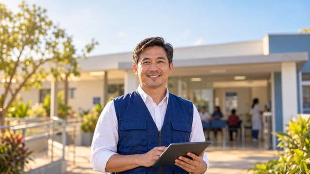 Agente de saúde pública sorrindo, com colete azul de equipe de saúde sobre camisa branca, segurando um tablet, em uma unidade básica de saúde moderna