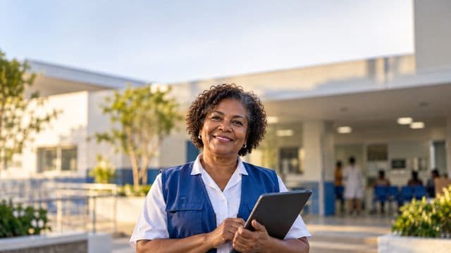 Agente de saúde pública sorrindo, com colete azul de equipe de saúde sobre camisa branca, segurando um tablet, em uma unidade básica de saúde moderna