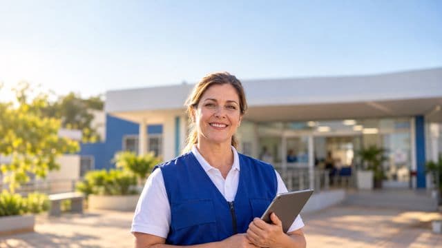 Agente de saúde pública sorrindo, com colete azul de equipe de saúde sobre camisa branca, segurando um tablet, em uma unidade básica de saúde moderna