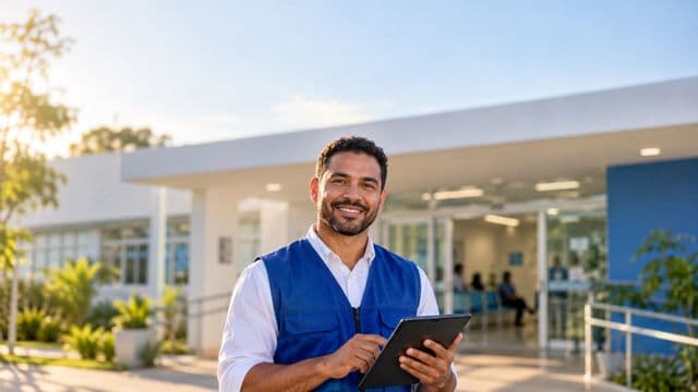 Agente de saúde pública sorrindo, com colete azul de equipe de saúde sobre camisa branca, segurando um tablet, em uma unidade básica de saúde moderna
