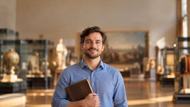 Professor de história sorrindo, com camisa social azul, segurando um livro antigo de capa lisa, em um museu histórico com vitrines desfocadas