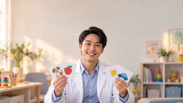 Fonoaudiólogo sorrindo, com jaleco branco sobre camisa azul-clara, segurando cartões ilustrados de fala, em um consultório de fonoaudiologia claro e acolhedor