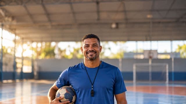 Profissional de educação física sorrindo, com camiseta esportiva azul e apito no pescoço, segurando uma bola, em uma quadra poliesportiva coberta