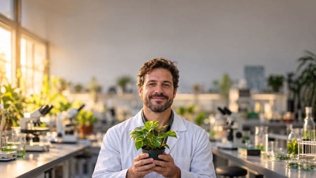 Professor de biologia sorrindo, com jaleco branco, segurando uma planta em um vaso pequeno, em um laboratório de biologia com microscópios