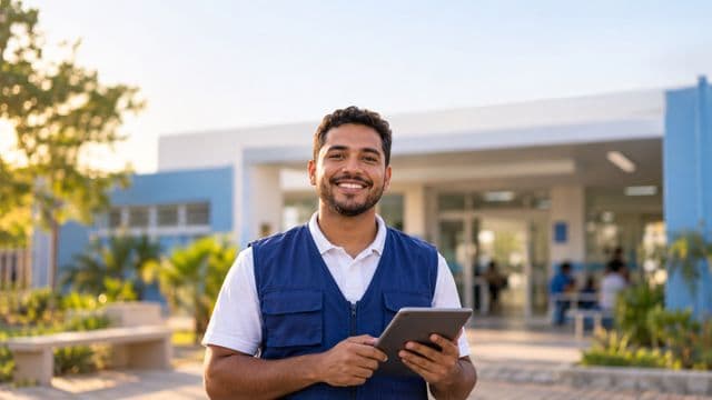 Agente de saúde pública sorrindo, com colete azul de equipe de saúde sobre camisa branca, segurando um tablet, em uma unidade básica de saúde moderna