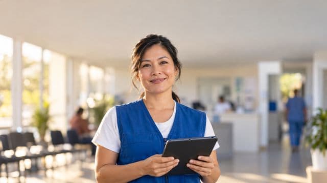 Agente de saúde pública sorrindo, com colete azul de equipe de saúde sobre camisa branca, segurando um tablet, em uma unidade básica de saúde moderna