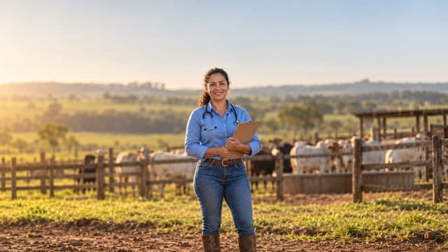 Médica veterinária sorrindo, com camisa azul de mangas compridas e botas, segurando uma prancheta, em uma fazenda com gado e cercas de madeira