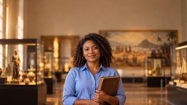 Professora de história sorrindo, com camisa social azul, segurando um livro antigo de capa lisa, em um museu histórico com vitrines desfocadas