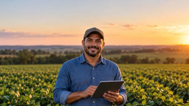 Engenheiro agrônomo sorrindo, com camisa azul de mangas compridas e boné, segurando um tablet, em uma plantação extensa no fim da tarde
