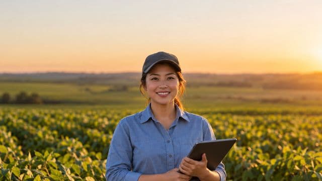 Engenheira agrônoma sorrindo, com camisa azul de mangas compridas e boné, segurando um tablet, em uma plantação extensa no fim da tarde