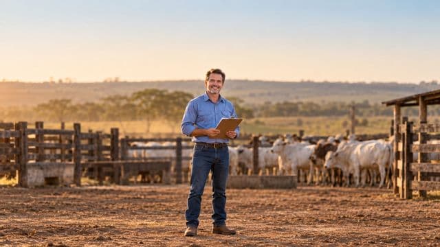 Médico veterinário sorrindo, com camisa azul de mangas compridas e botas, segurando uma prancheta, em uma fazenda com gado e cercas de madeira