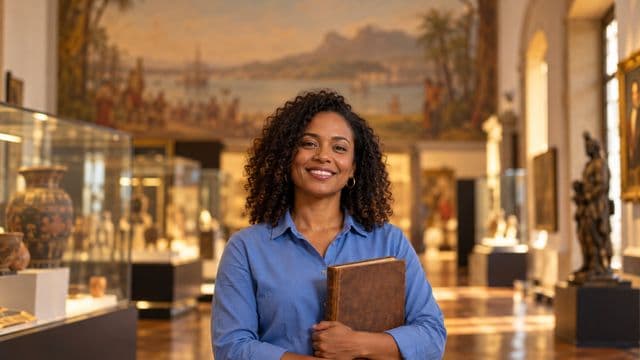Professora de história sorrindo, com camisa social azul, segurando um livro antigo de capa lisa, em um museu histórico com vitrines desfocadas