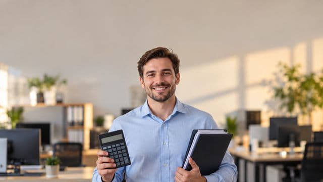 Contador sorrindo, com camisa social azul-clara, segurando uma calculadora e uma pasta de documentos, em um escritório contábil moderno