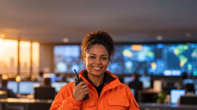 Profissional de defesa civil sorrindo, com jaqueta laranja de resgate, segurando um rádio comunicador, em um centro de operações de emergência com telões desfocados