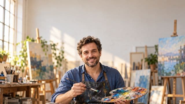 Arte-educador sorrindo, com avental de ateliê sobre camisa azul, segurando um pincel e uma paleta de cores, em um ateliê de artes claro com telas e cavaletes