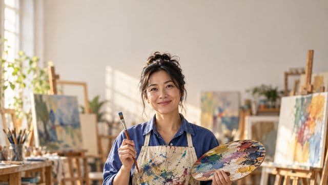 Arte-educadora sorrindo, com avental de ateliê sobre camisa azul, segurando um pincel e uma paleta de cores, em um ateliê de artes claro com telas e cavaletes