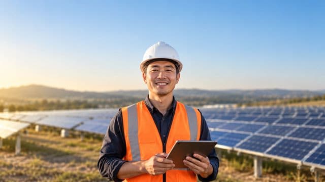 Engenheiro eletricista sorrindo, com capacete branco e colete laranja, segurando um tablet, em uma usina de painéis solares sob céu claro