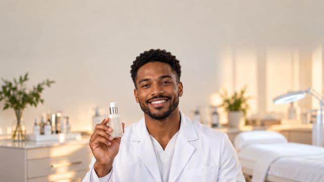 Profissional de estética sorrindo, com jaleco branco, segurando um frasco de cosmético sem rótulo, em uma clínica de estética clara e sofisticada