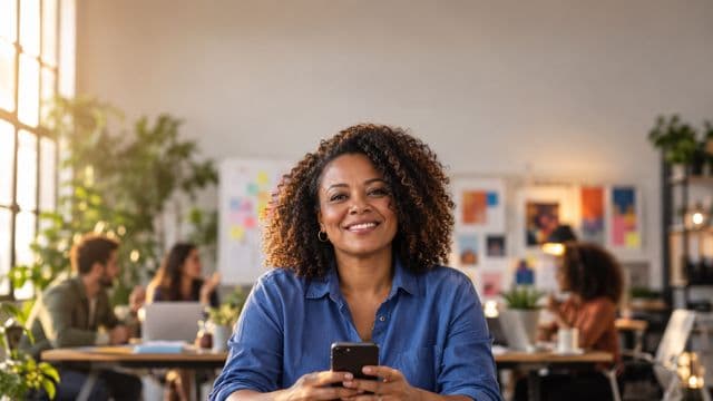 Profissional de marketing sorrindo, com camisa casual azul, segurando um smartphone, em uma agência criativa moderna com equipe desfocada e quadros de ideias