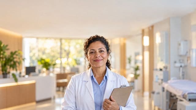 Profissional de saúde sorrindo, com jaleco branco sobre camisa azul-clara, segurando uma prancheta, em uma clínica moderna e bem iluminada