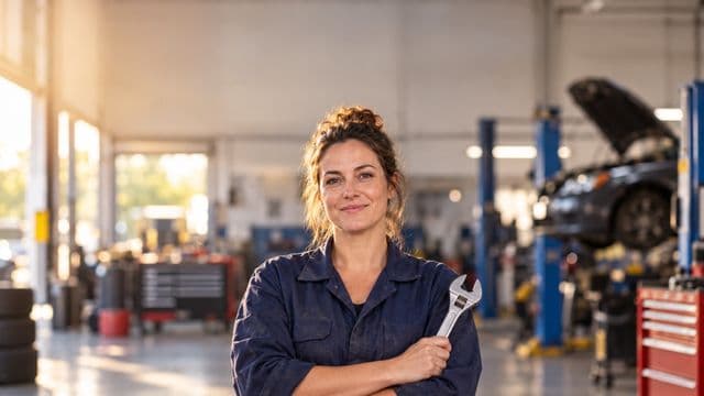 Mecânica sorrindo, com macacão azul-marinho, segurando uma chave inglesa, em uma oficina mecânica moderna e organizada