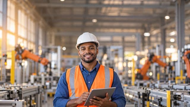 Engenheiro de produção sorrindo, com capacete branco e colete laranja sobre camisa azul, segurando um tablet, em uma fábrica moderna com linha de produção e braços robóticos