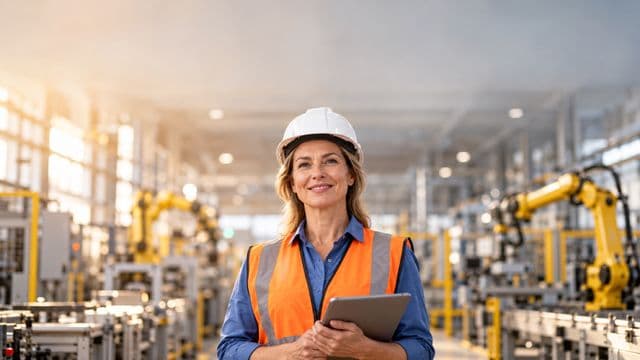Engenheira de produção sorrindo, com capacete branco e colete laranja sobre camisa azul, segurando um tablet, em uma fábrica moderna com linha de produção e braços robóticos
