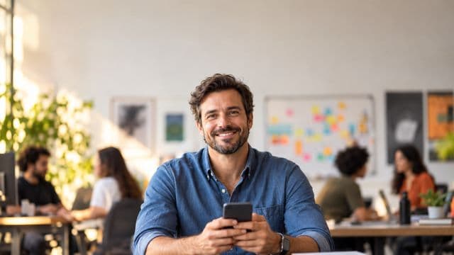 Profissional de marketing sorrindo, com camisa casual azul, segurando um smartphone, em uma agência criativa moderna com equipe desfocada e quadros de ideias