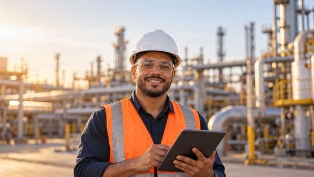 Engenheiro industrial sorrindo, com capacete branco, óculos de proteção e colete laranja, segurando um tablet, em uma planta industrial com tubulações