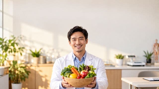 Nutricionista sorrindo, com jaleco branco sobre camisa azul-clara, segurando uma tigela de frutas e legumes frescos, em um consultório de nutrição claro com bancada e balança
