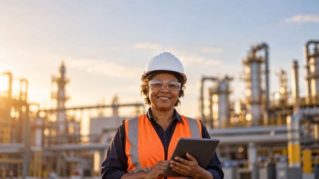 Engenheira industrial sorrindo, com capacete branco, óculos de proteção e colete laranja, segurando um tablet, em uma planta industrial com tubulações