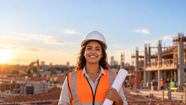 Engenheira civil sorrindo, com capacete branco e colete refletivo laranja, segurando uma planta da obra enrolada, em um canteiro de obras