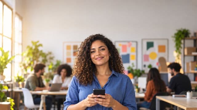 Profissional de marketing sorrindo, com camisa casual azul, segurando um smartphone, em uma agência criativa moderna com equipe desfocada e quadros de ideias