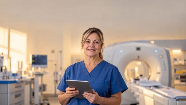 Técnica em radiologia sorrindo, com uniforme hospitalar azul, segurando um tablet, em uma sala de exames de imagem com um tomógrafo
