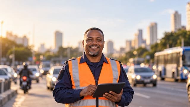 Agente de trânsito sorrindo, com colete refletivo laranja sobre uniforme azul, segurando um tablet, em uma avenida urbana movimentada