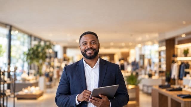 Gerente comercial sorrindo, com blazer azul-marinho sobre camisa branca, segurando um tablet, em uma loja moderna e bem iluminada