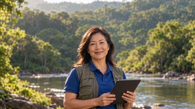 Gestora ambiental sorrindo, com camisa polo azul e colete de campo, segurando um tablet, em uma área de preservação com mata e um rio