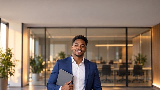 Profissional de recursos humanos sorrindo, com blazer azul sobre camisa branca, segurando uma pasta de documentos, em um escritório moderno com uma sala de reunião envidraçada
